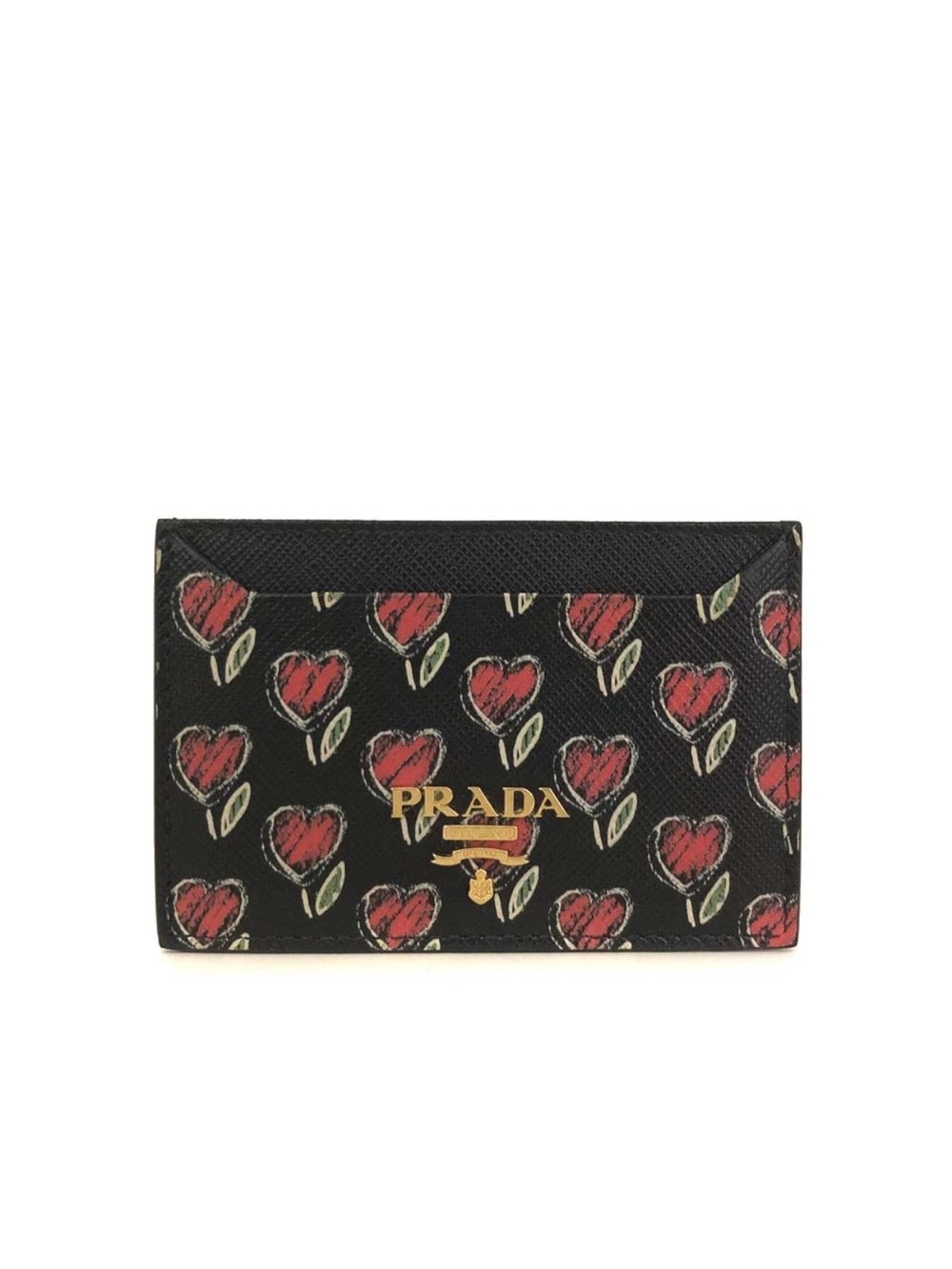Prada Black Leather Card Holder with Red Heart Tulip Motif - Picture 1 of 7
